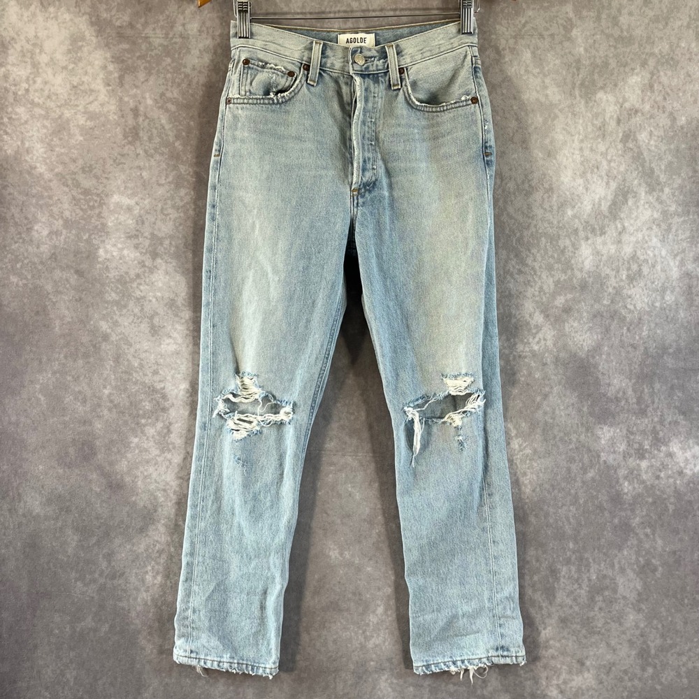 Agolde Riley High Rise Straight Crop‎ Jeans Womens 25 Light Wash Distressed Blue